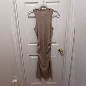 Urban Planet Sleeveless Tan Ribbed Body Con Midi Dress with Scrunched Sides